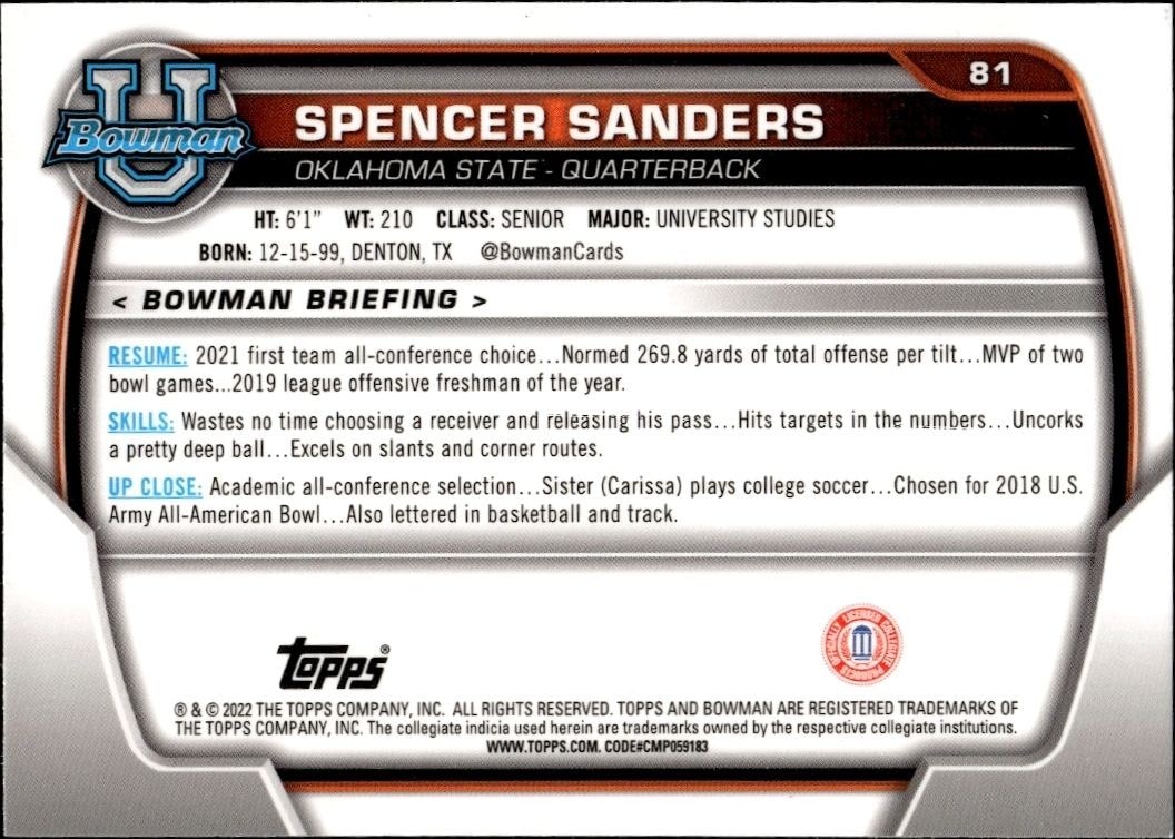 2022 Bowman University Chrome Spencer Sanders #81 football trading card back