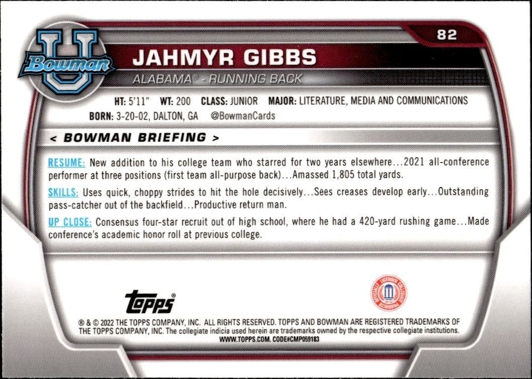 2022 Bowman University Chrome Jahmyr Gibbs #82 football trading card back