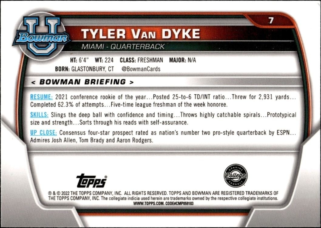 2022 Bowman University Chrome Tyler van Dyke #7 football trading card back