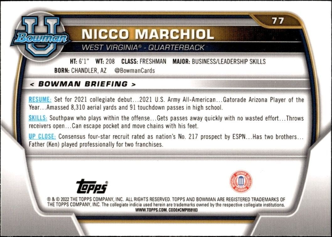 2022 Bowman University Chrome Nicco Marchiol #77 football trading card back