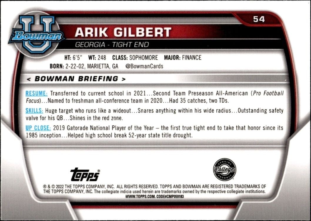 2022 Bowman University Chrome Arik Gilbert #54 football trading card back