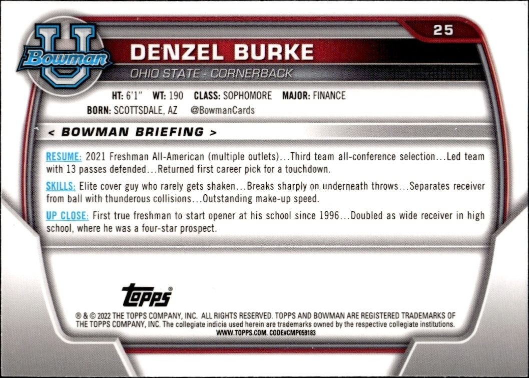 2022 Bowman University Chrome Denzel Burke #25 football trading card back