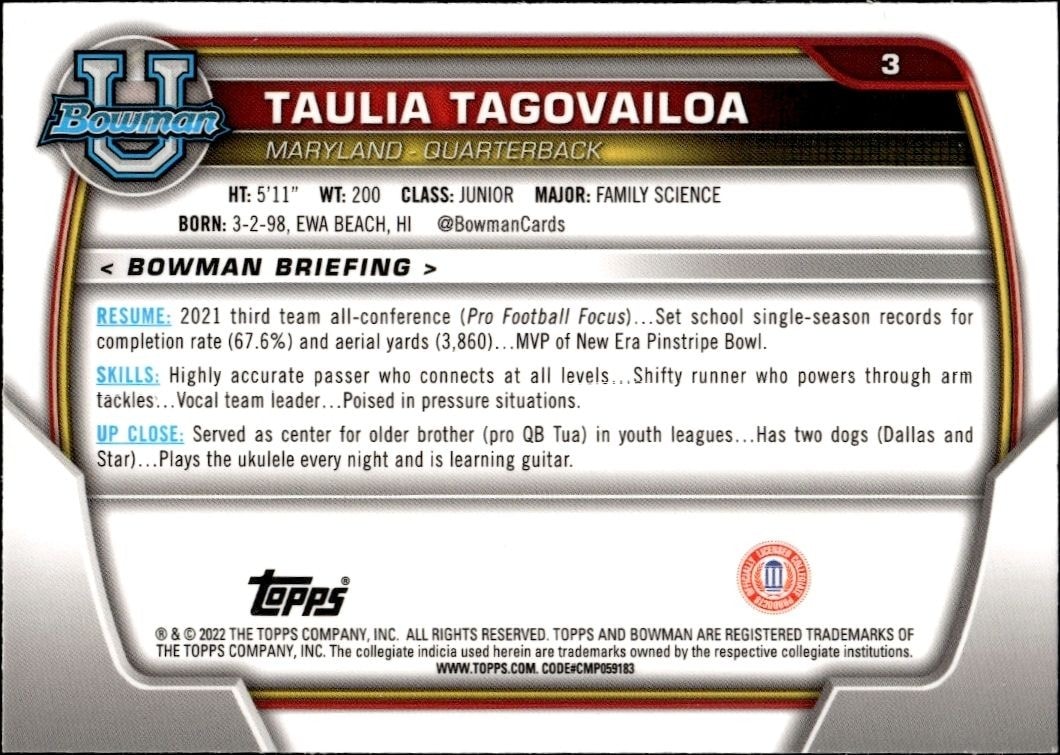 2022 Bowman University Chrome Taulia Tagovailoa #3 football trading card back