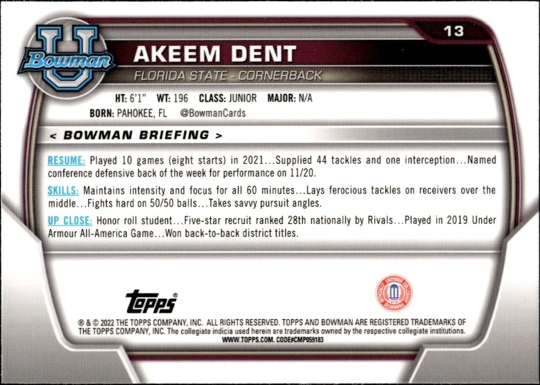 2022 Bowman University Chrome Akeem Dent #13 football trading card back
