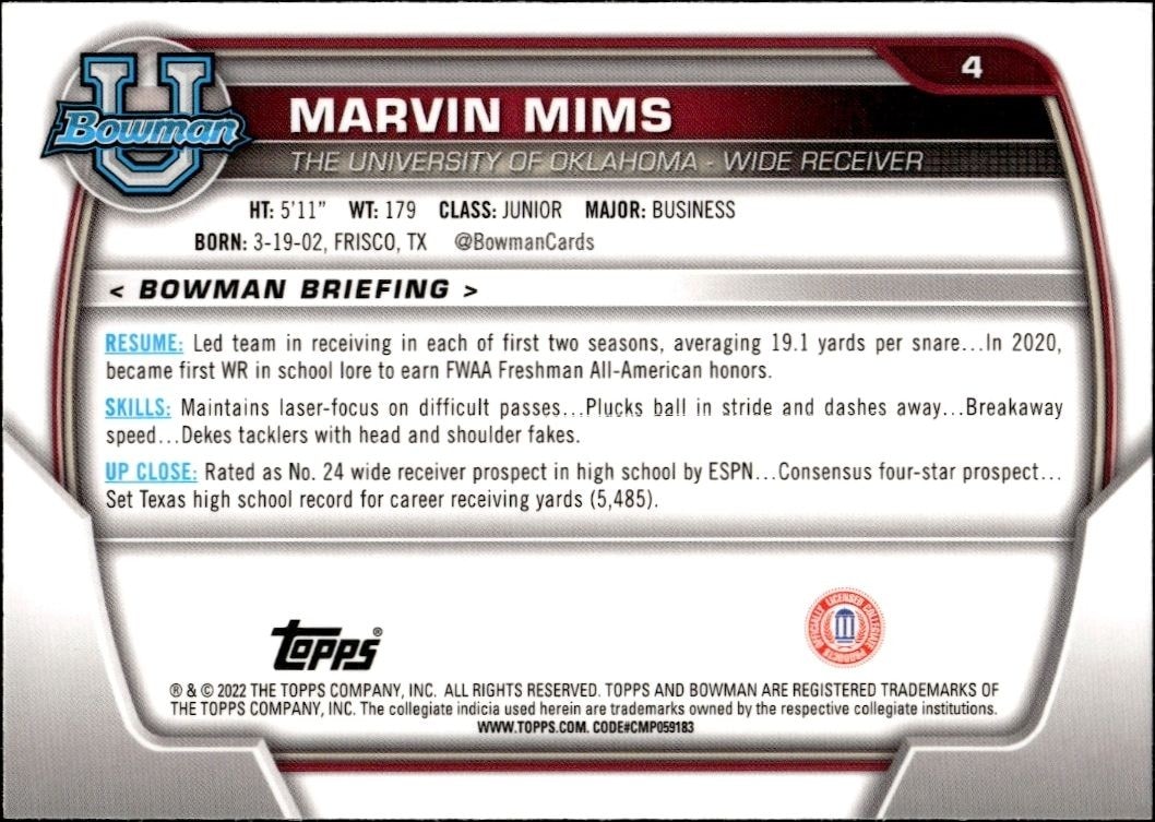 2022 Bowman University Chrome Marvin Mims #4 football trading card back