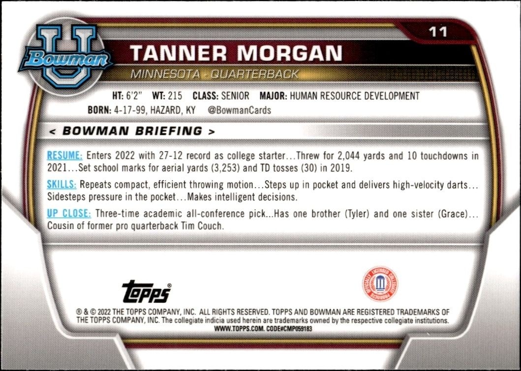 2022 Bowman University Chrome Tanner Morgan #11 football trading card back