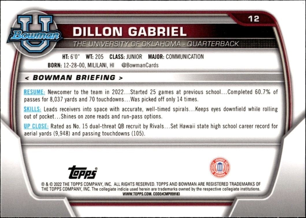 2022 Bowman University Chrome Dillon Gabriel #12 football trading card back