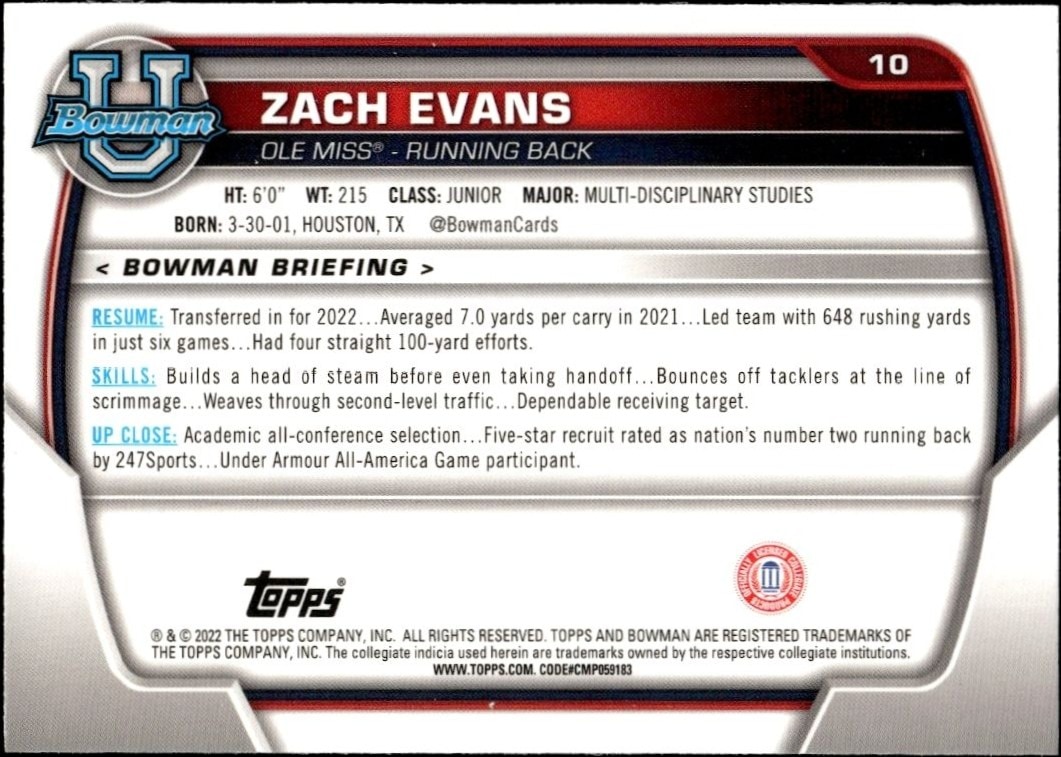 2022 Bowman University Chrome Zach Evans #10 football trading card back