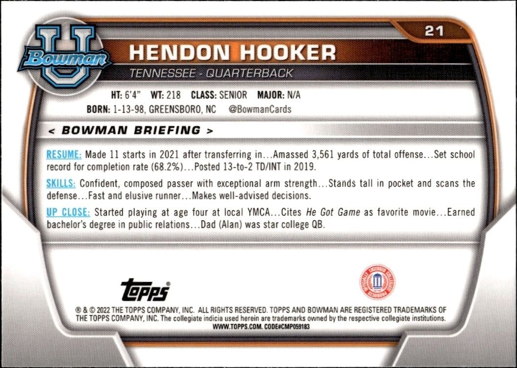 2022 Bowman University Chrome Hendon Hooker #21 football trading card back