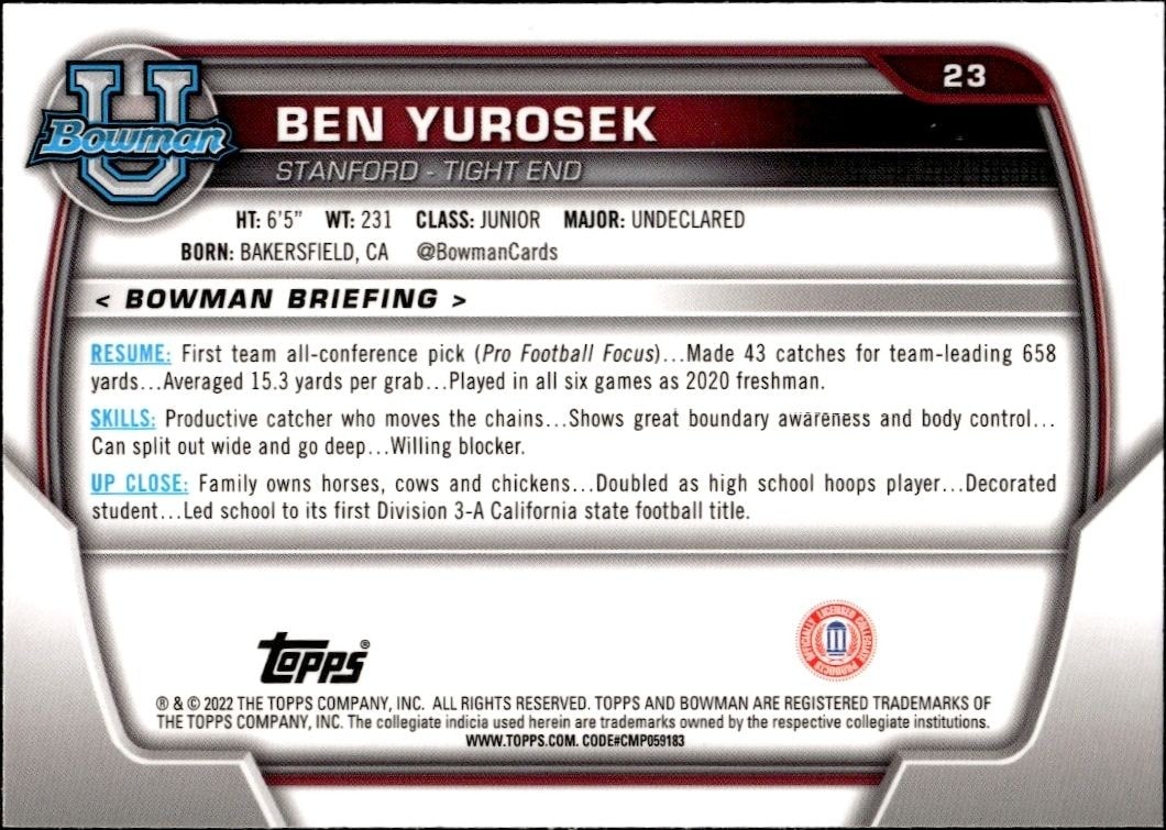 2022 Bowman University Chrome Ben Yurosek #23 football trading card back