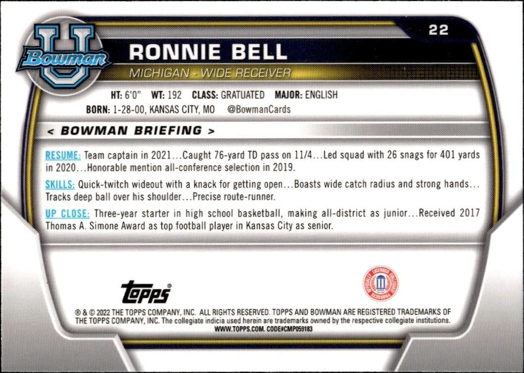 2022 Bowman University Chrome Ronnie Bell #22 football trading card back