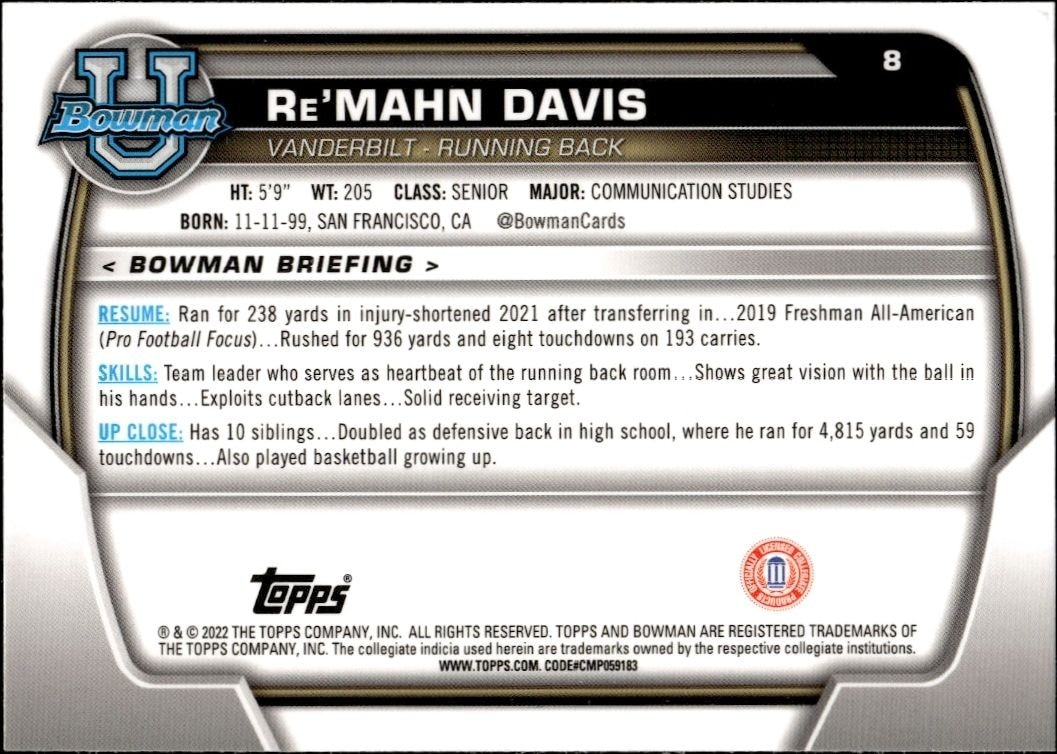 2022 Bowman University Chrome Re'Mahn Davis #8 football trading card back