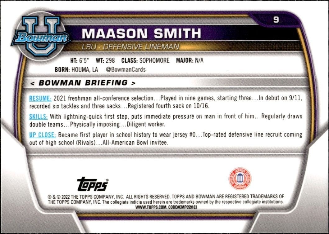 2022 Bowman University Chrome Maason Smith #9 football trading card back
