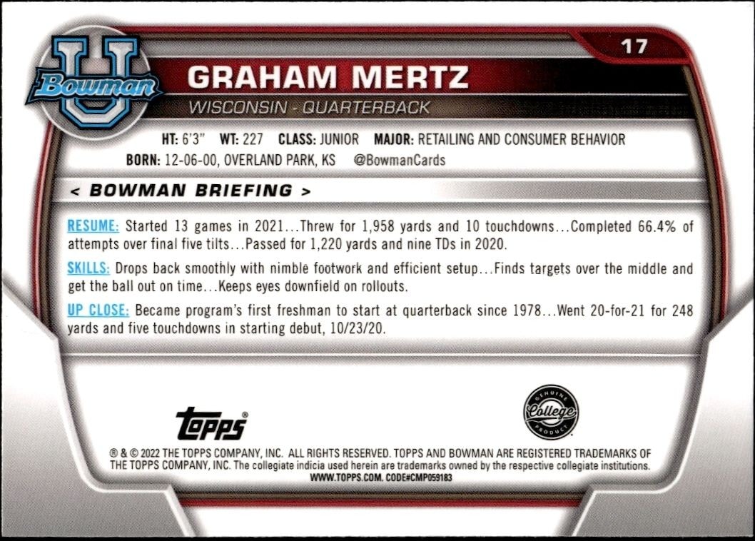 2022 Bowman University Chrome Graham Mertz #17 football trading card back