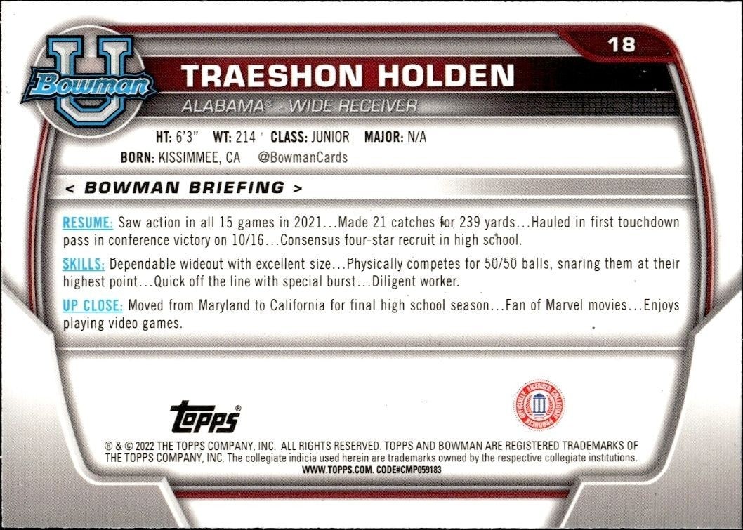 2022 Bowman University Chrome Traeshon Holden #18 football trading card back