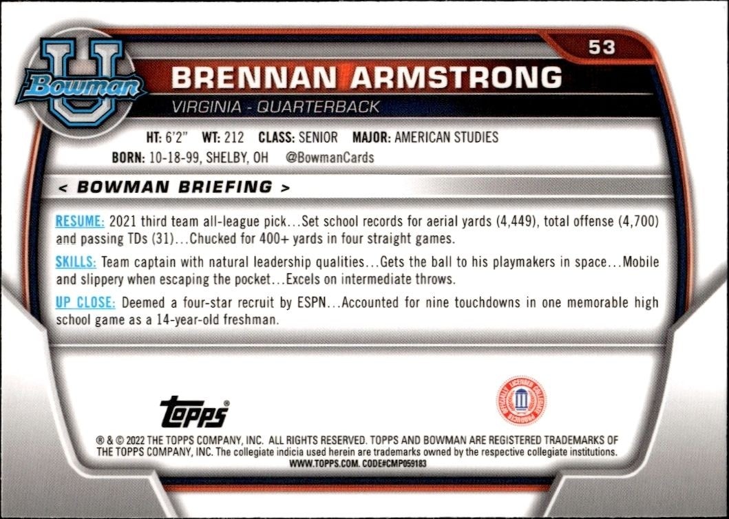 2022 Bowman University Chrome Brennan Armstrong #53 football trading card back