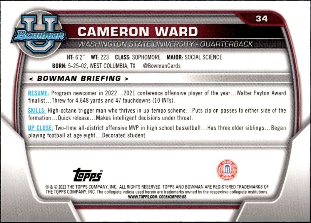 2022 Bowman University Chrome Cameron Ward #34 football trading card back