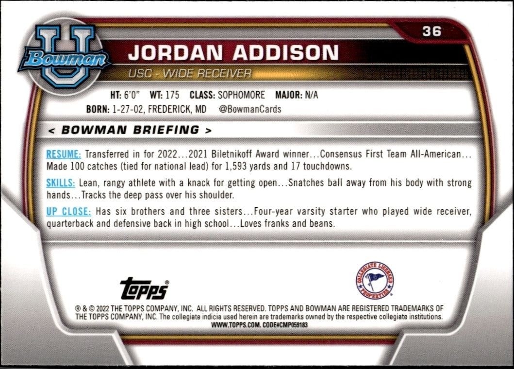 2022 Bowman University Chrome Jordan Addison #36 football trading card back