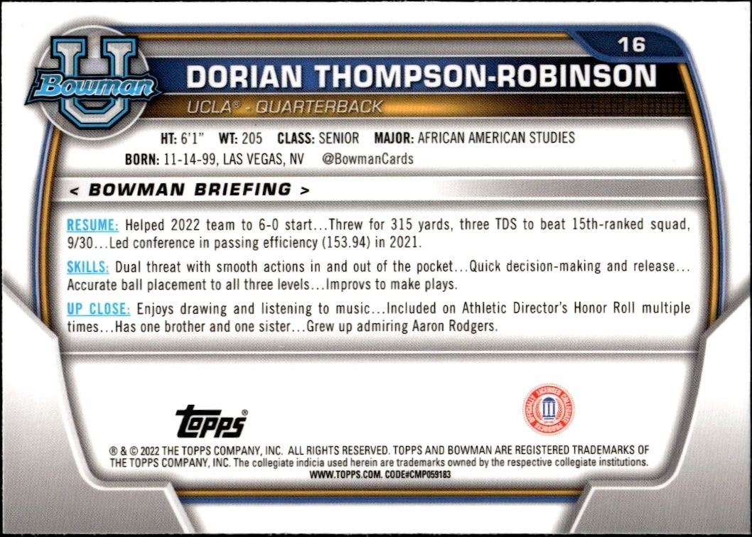 2022 Bowman University Chrome Dorian Thompson-Robinson #16 football trading card back