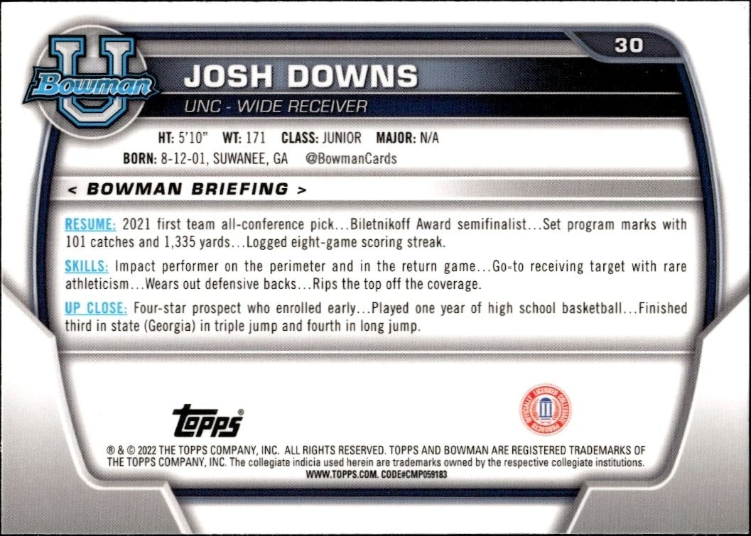 2022 Bowman University Chrome Josh Downs #30 football trading card back