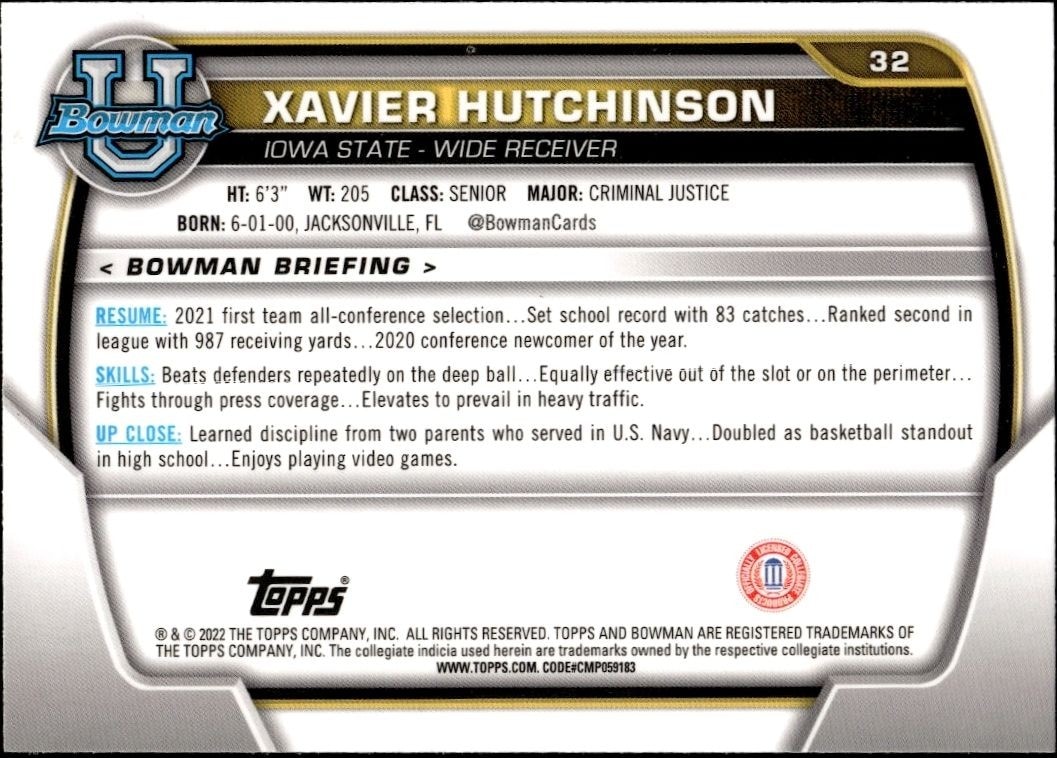 2022 Bowman University Chrome Xavier Hutchinson #32 football trading card back