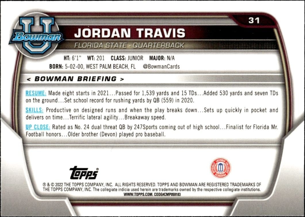 2022 Bowman University Chrome Jordan Travis #31 football trading card back