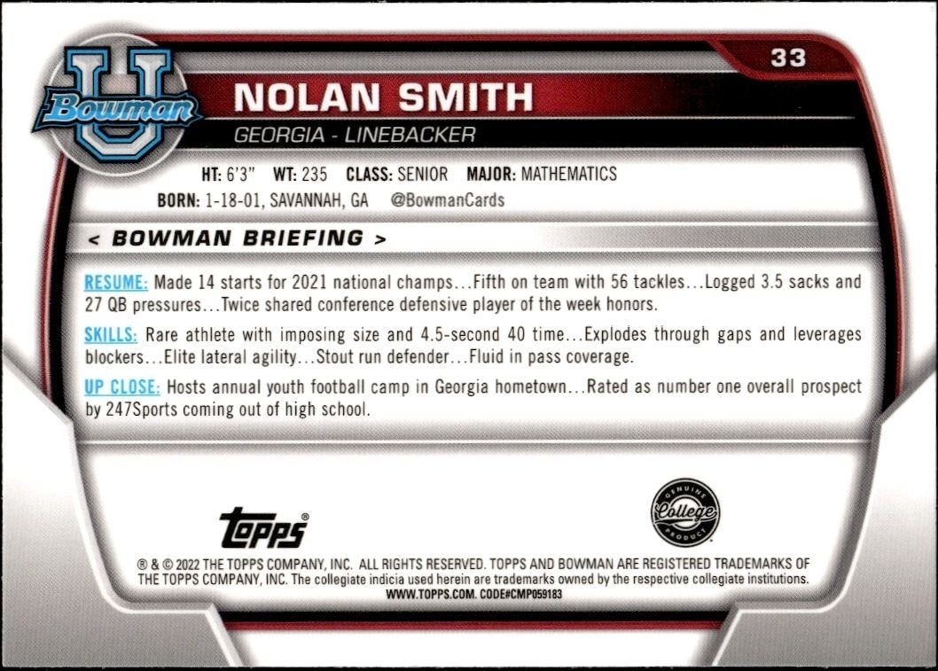 2022 Bowman University Chrome Nolan Smith #33 football trading card back