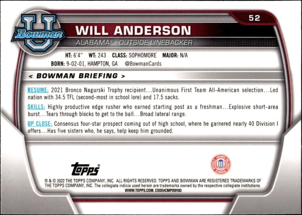 2022 Bowman University Chrome Will Anderson #52 football trading card back