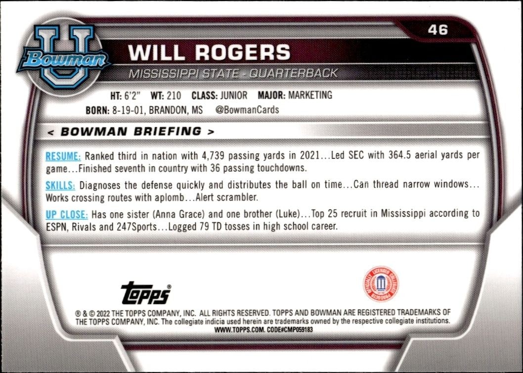 2022 Bowman University Chrome Will Rogers #46 football trading card back