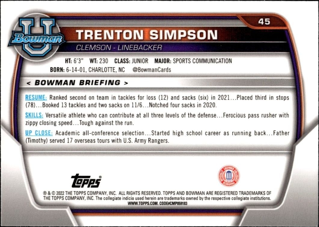2022 Bowman University Chrome Trenton Simpson #45 football trading card back