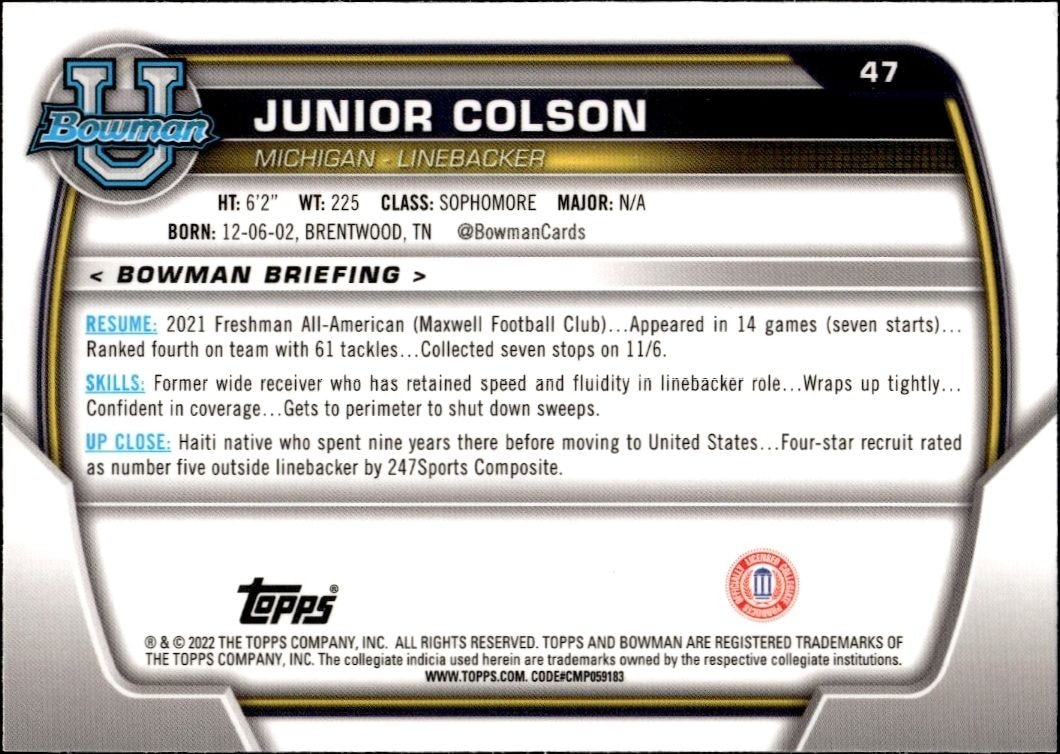 2022 Bowman University Chrome Junior Colson #47 football trading card back