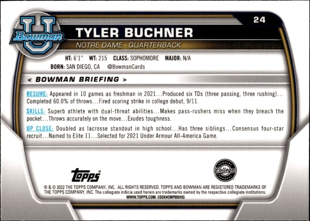 2022 Bowman University Chrome Tyler Buchner #24 football trading card back