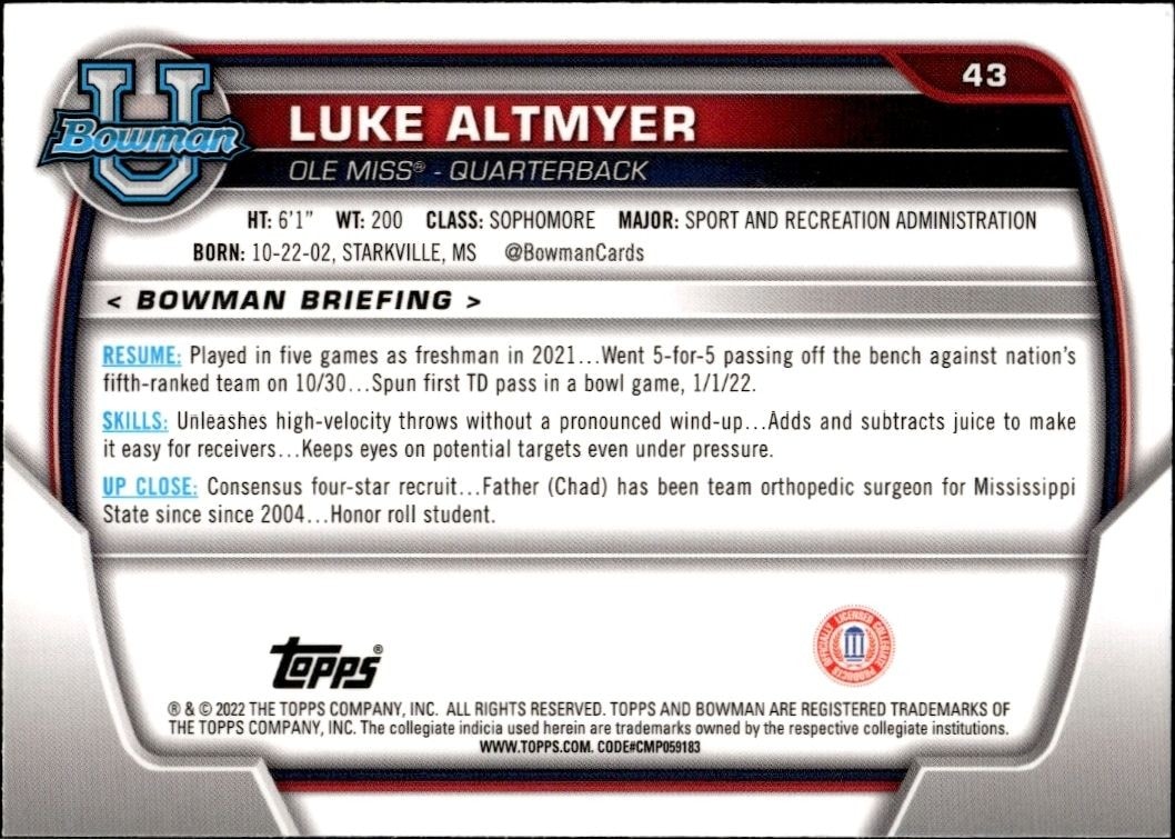 2022 Bowman University Chrome Luke Altmyer #43 football trading card back