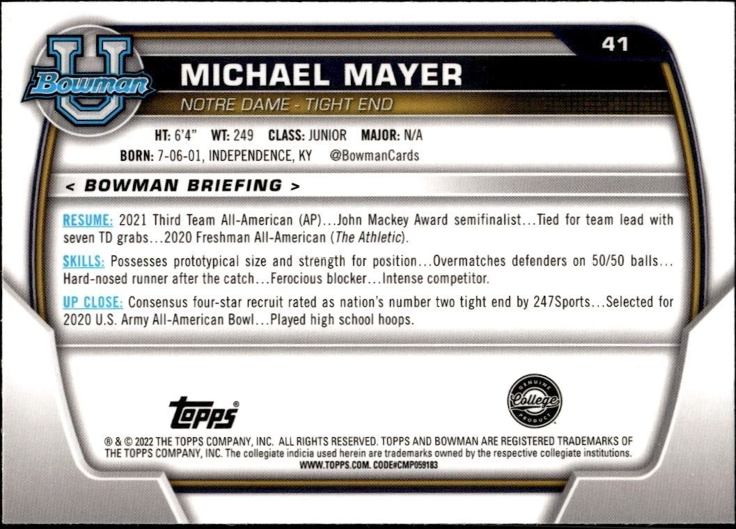 2022 Bowman University Chrome Michael Mayer #41 football trading card back