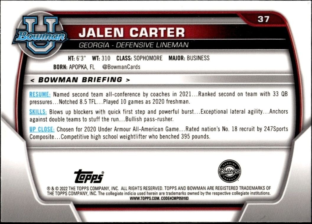 2022 Bowman University Chrome Jalen Carter #37 football trading card back