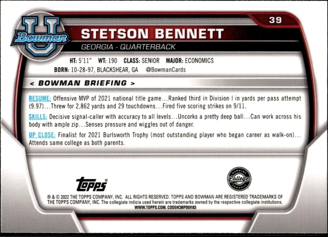 2022 Bowman University Chrome Stetson Bennett #39 football trading card back