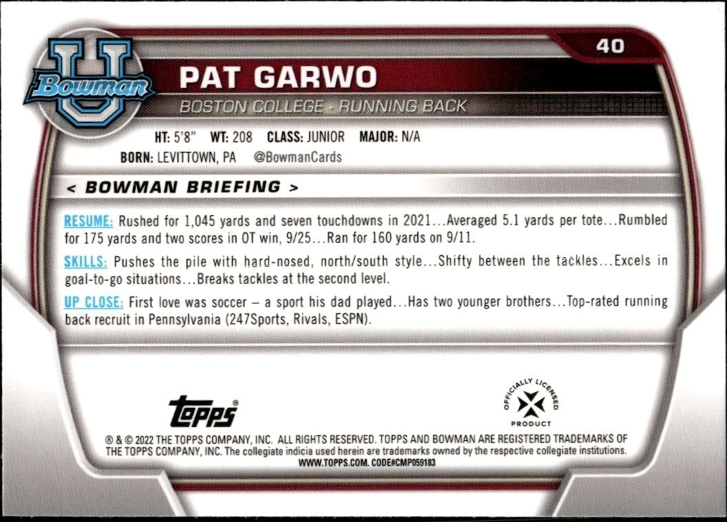 2022 Bowman University Chrome Pat Garwo #40 football trading card back