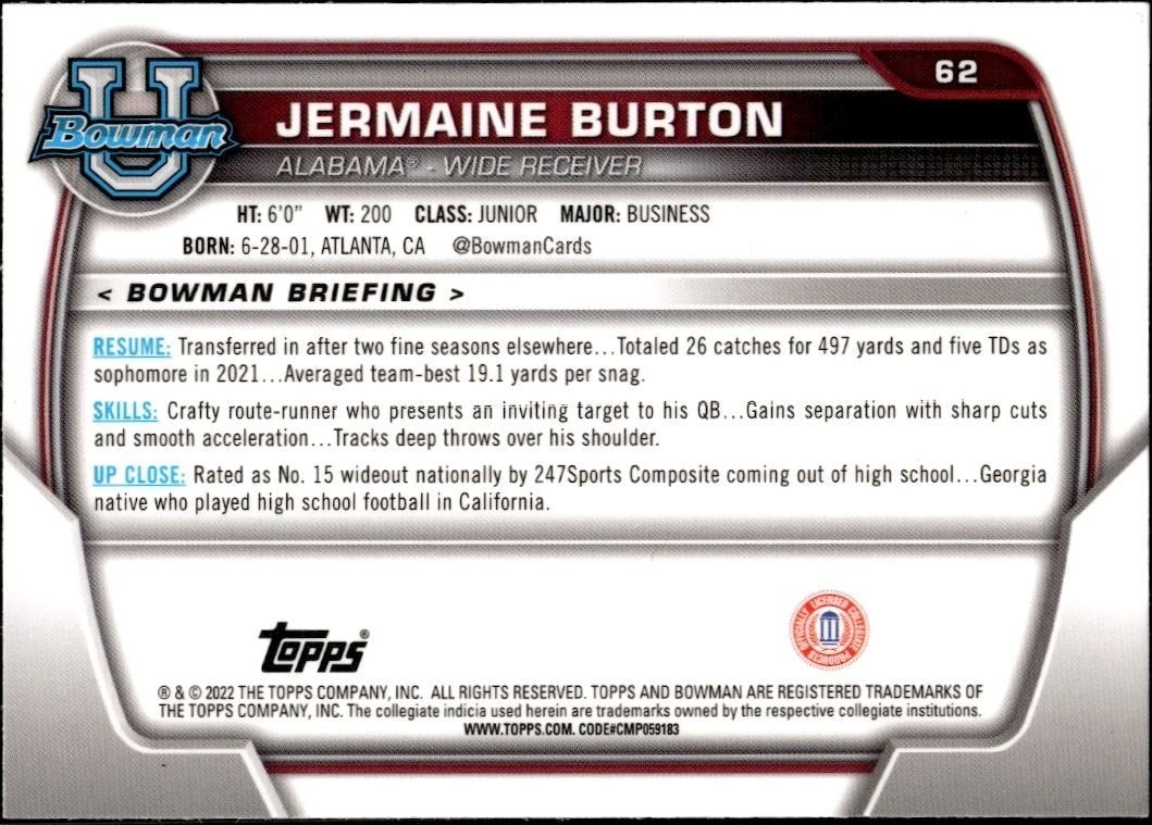 2022 Bowman University Chrome Jermaine Burton #62 football trading card back