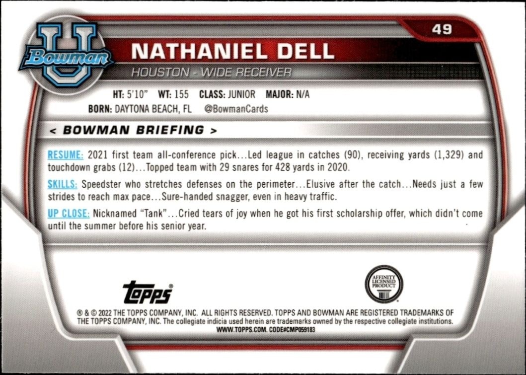 2022 Bowman University Chrome Nathaniel Dell #49 football trading card back