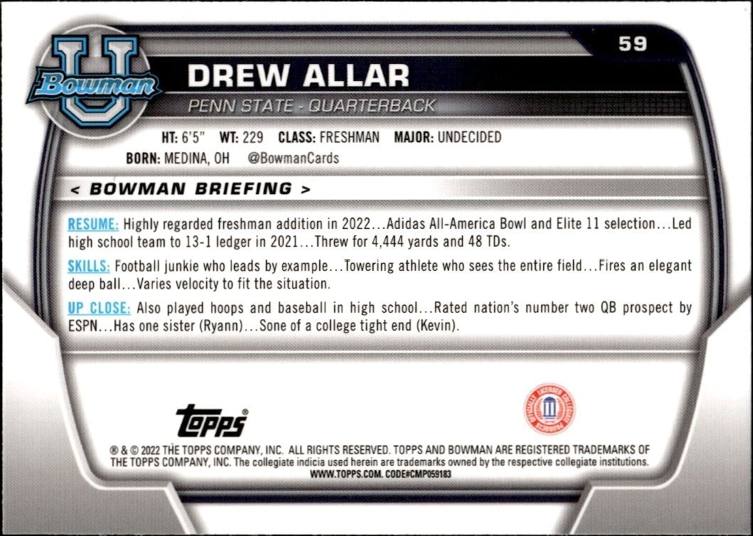 2022 Bowman University Chrome Drew Allar #59 football trading card back