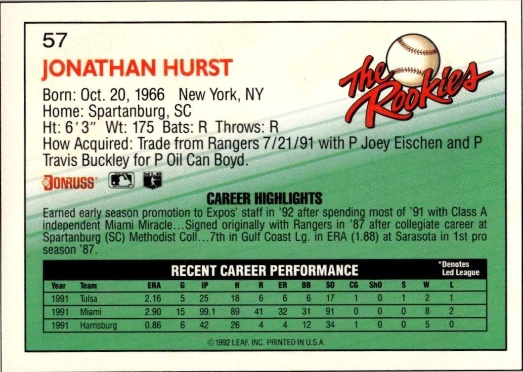 1992 Donruss the Rookies Jonathan Hurst #57 baseball trading card back
