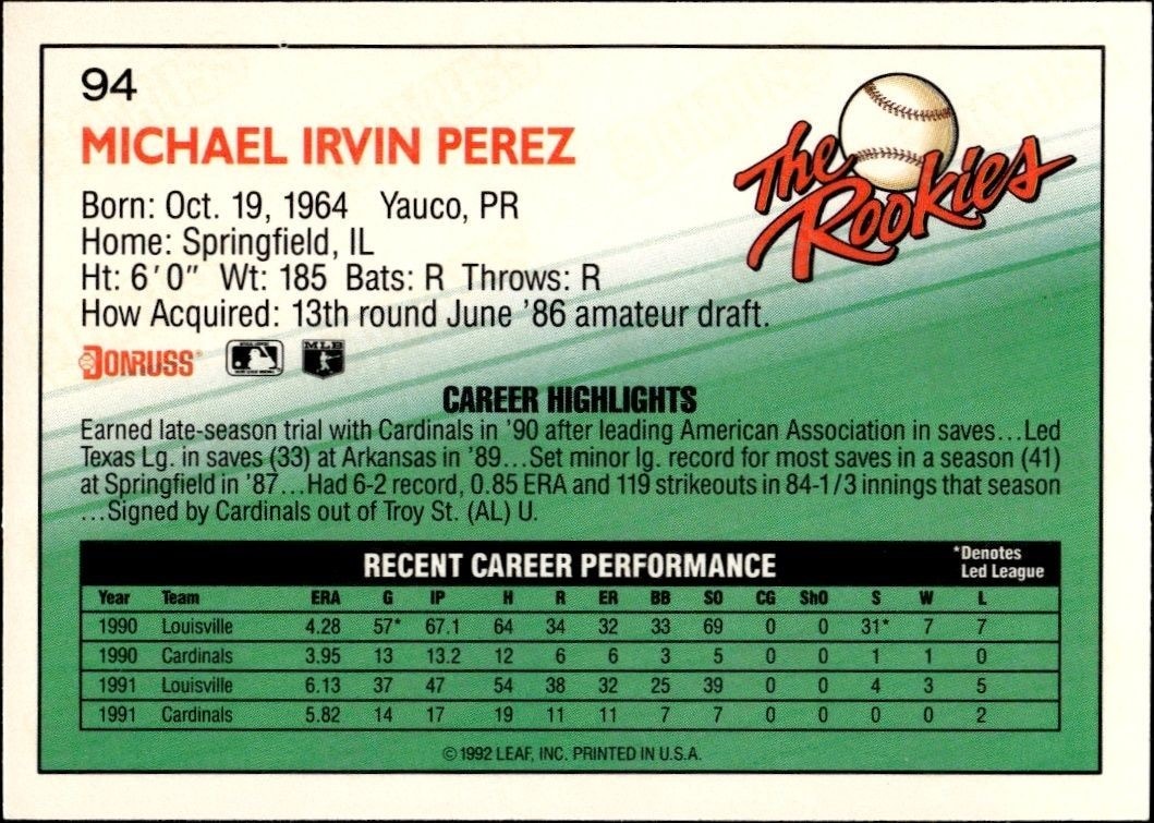 1992 Donruss the Rookies Mike Perez #94 baseball trading card back