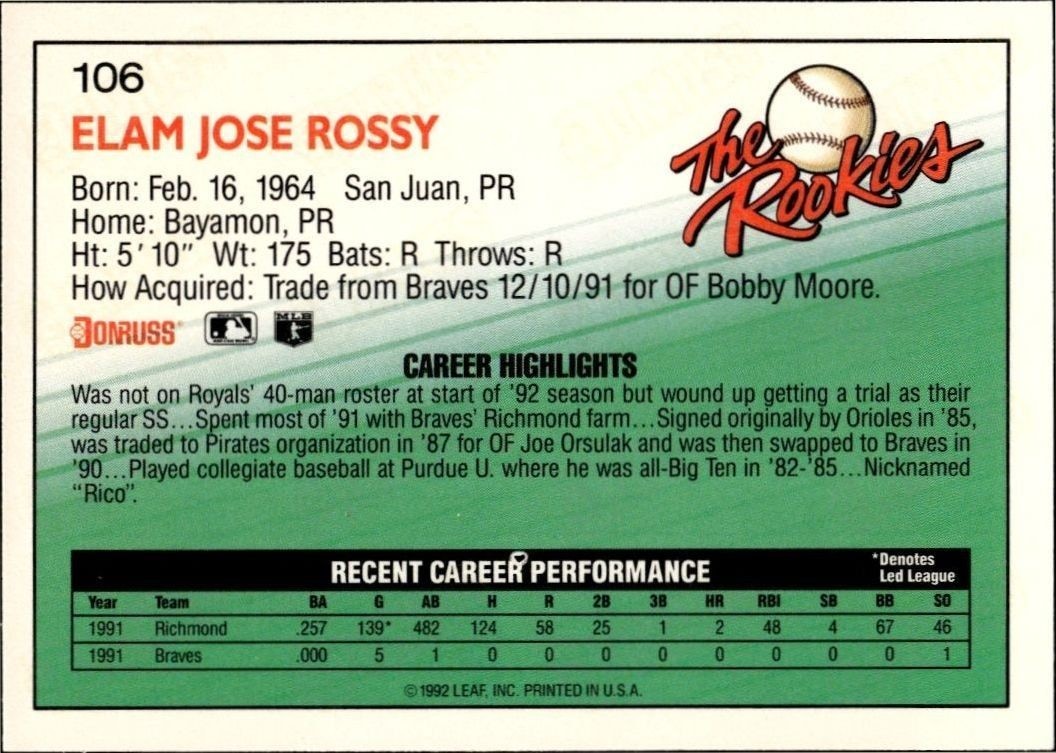 1992 Donruss the Rookies Rico Rossy #106 baseball trading card back