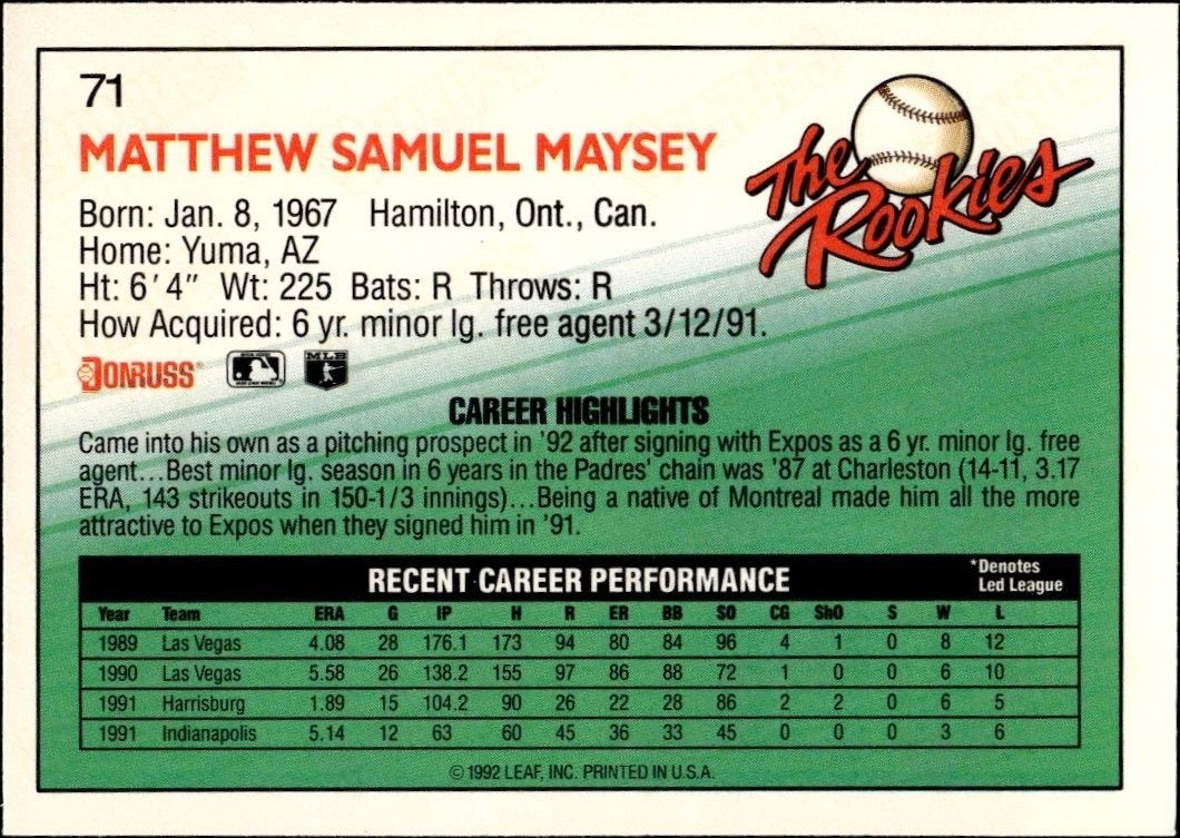 1992 Donruss the Rookies Matt Maysey #71 baseball trading card back
