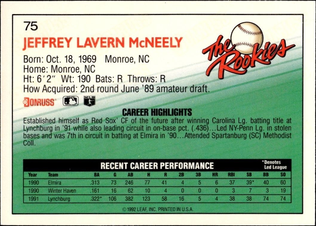 1992 Donruss the Rookies Jeff McNeely #75 baseball trading card back