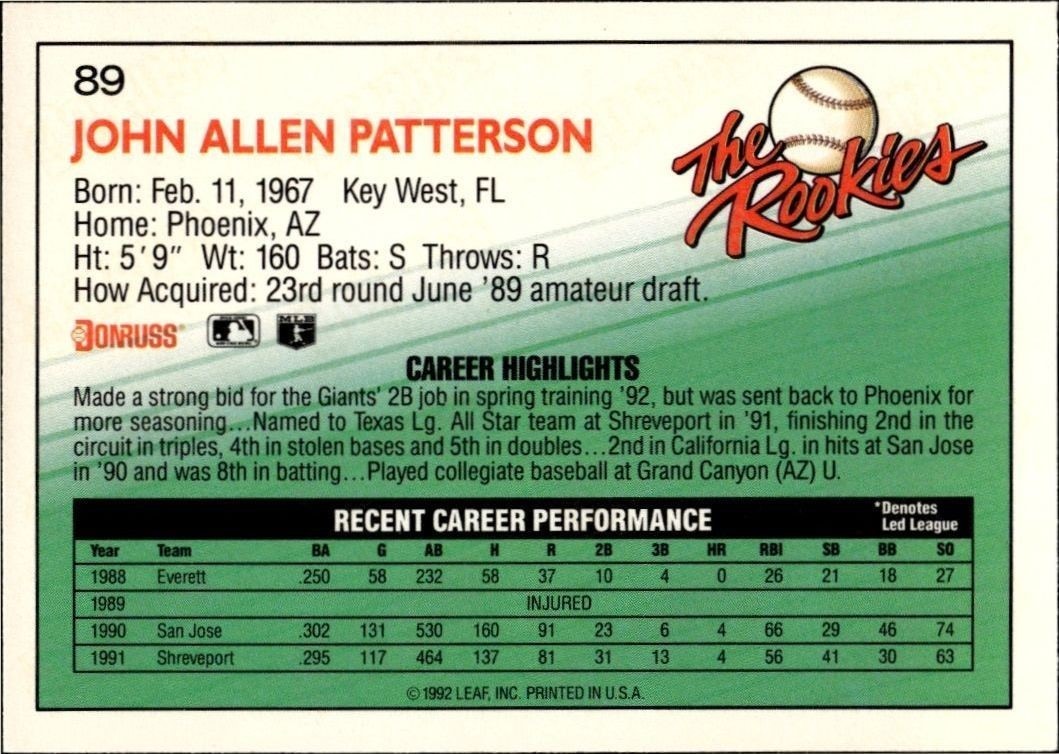 1992 Donruss the Rookies John Patterson #89 baseball trading card back