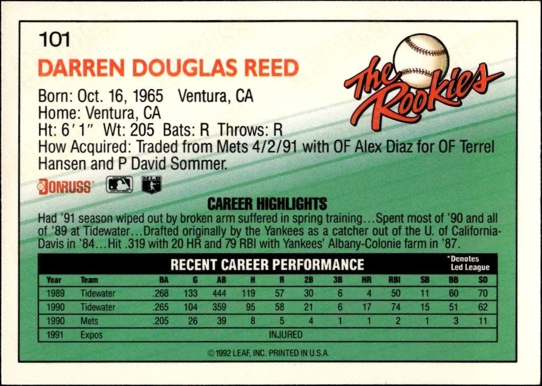 1992 Donruss the Rookies Darren Reed #101 baseball trading card back