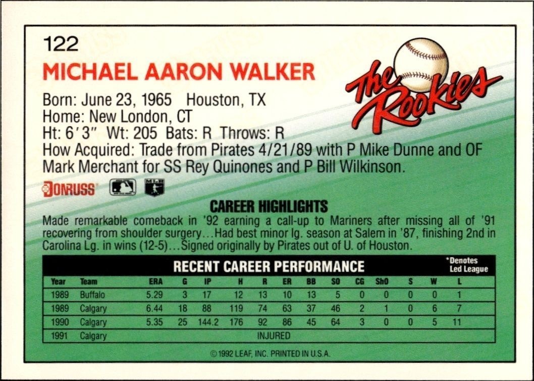 1992 Donruss the Rookies Mike Walker #122 baseball trading card back