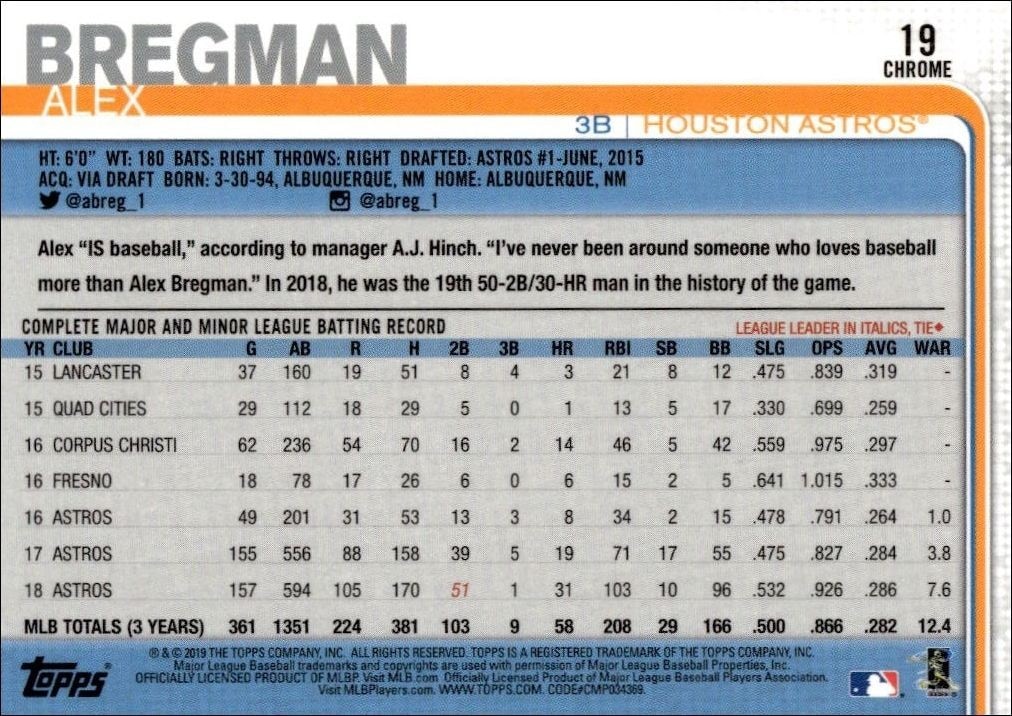 2019 Topps Chrome Alex Bregman #19 baseball trading card back