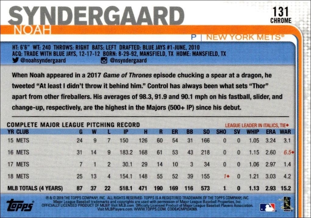 2019 Topps Chrome Noah Syndergaard #131 baseball trading card back